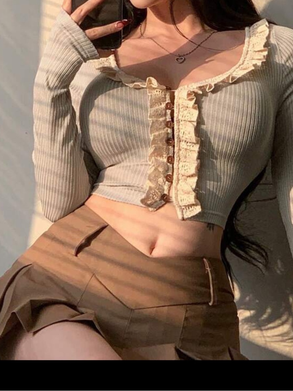 Cream Ribbed Ruffle-Trim Long Sleeve Crop Top - Picture 7 of 10